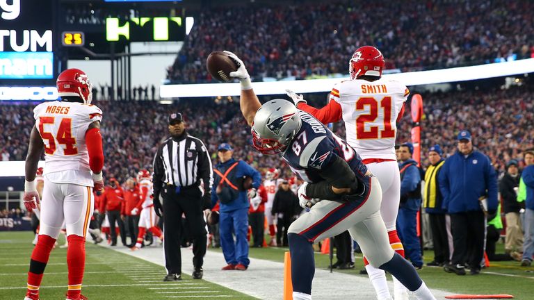 FOXBORO, MA - JANUARY 16:  Rob Gronkowski #87 of the New England Patriots spikes the ball after a touchdown catch in the first quarter against the Kansas C