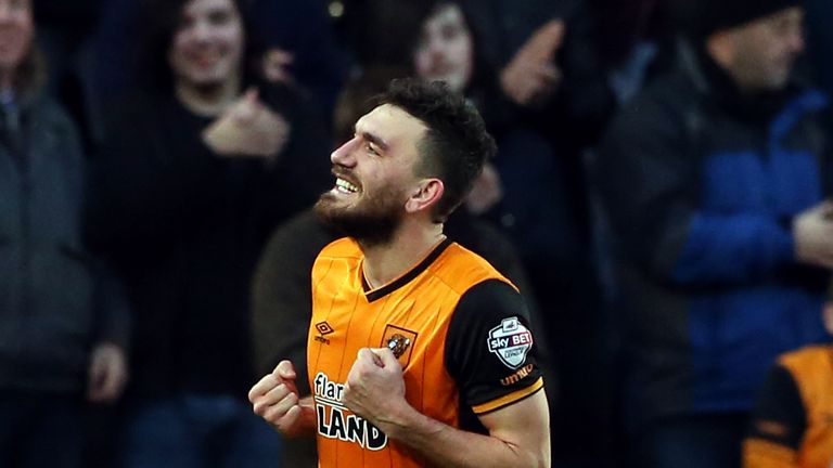 Robert Snodgrass celebrates after scoring Hull's winner against Brighton