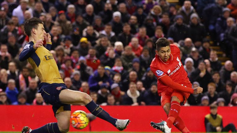 Roberto Firmino scores Liverpool's first goal against Arsenal