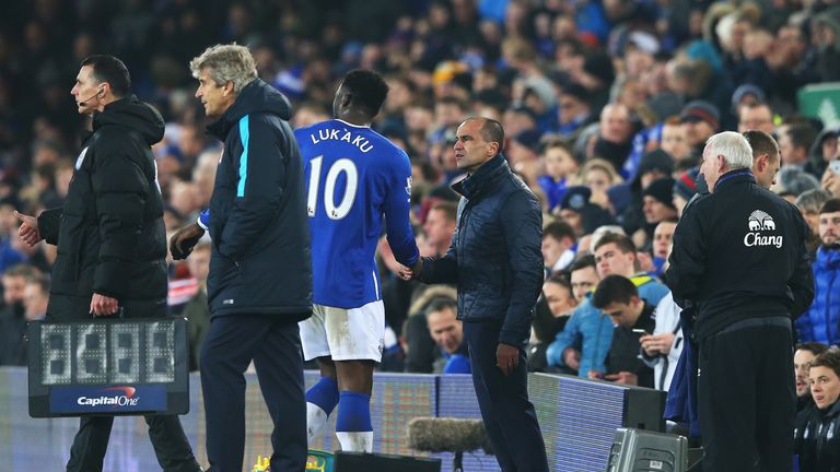 Romelu Lukaku is replaced during Everton's League Cup semi-final first leg against Manchester City