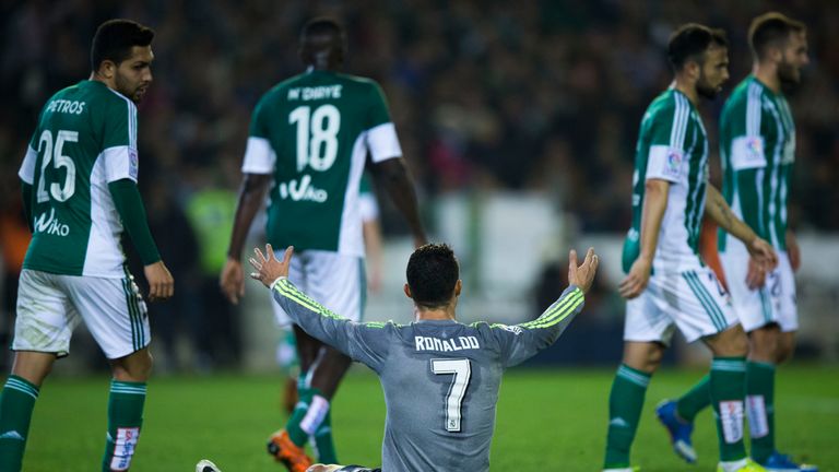 Cristiano Ronaldo protests during the La Liga match between Real Betis and Real Madrid