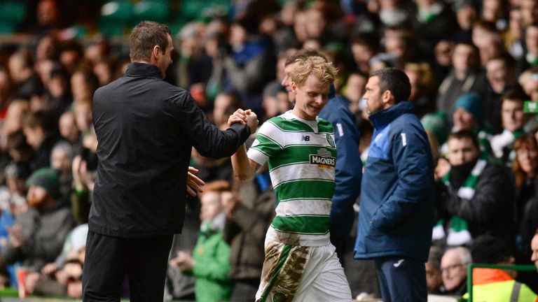 Celtic manager Ronny Deila (left) with Gary Mackay-Steven as he is substituted
