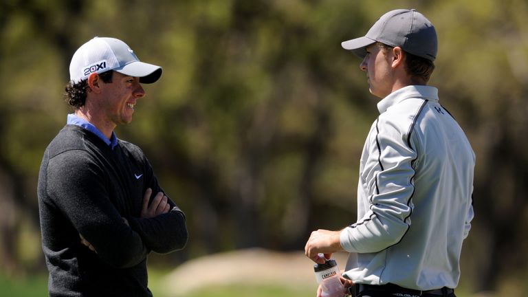 SAN ANTONIO, TX - APRIL 04:  Rory McIlroy of Northern Ireland talks with Jordan Spieth on the 6th hole during the first round of the Valero Texas Open at t