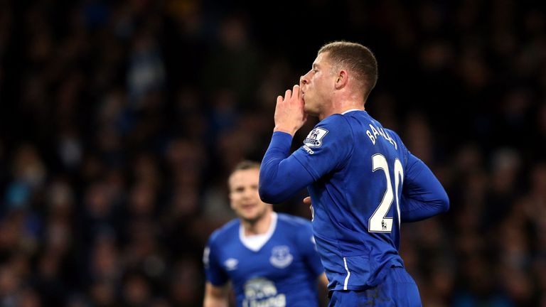 Everton's Ross Barkley celebrates scoring his side's first goal of the game during the Capital One Cup, semi final, second leg at the Etihad Stadium