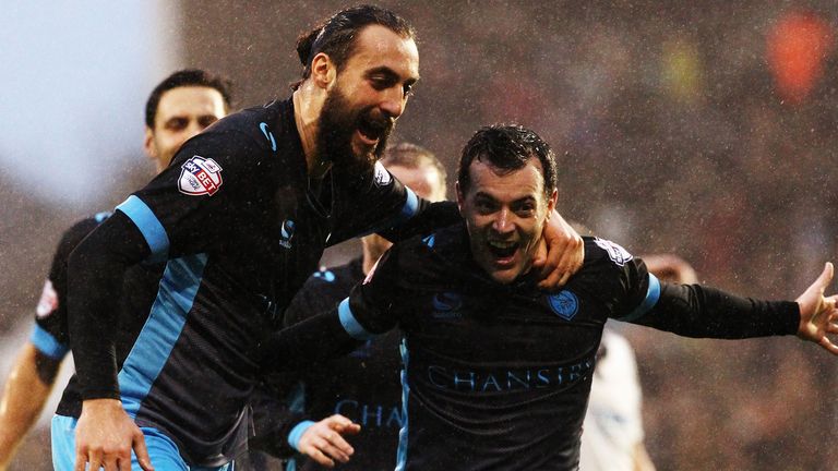 Ross Wallace (right) of Sheffield Wednesday celebrates with team mate Atdhe Nuhiu 