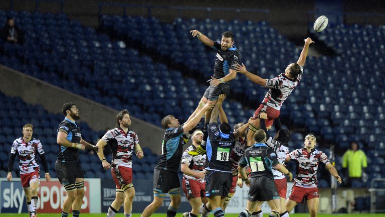 Edinburgh's Anton Bresler (top right) rises with Glasgow Warriors' Ryan Wilson in the lineout