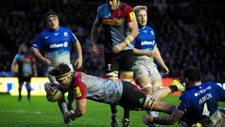 Harlequins' Jack Clifford scores a try against Saracens