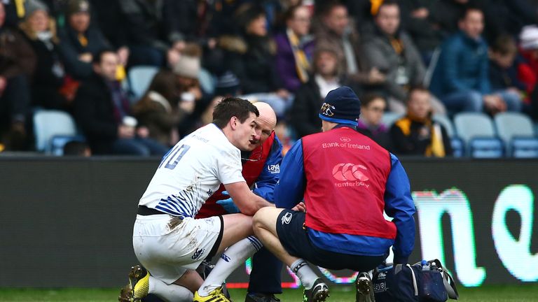 Leinster's Johnny Sexton gets treatment before leaving the field against Wasps