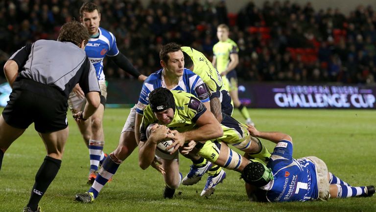 Man of the match Josh Beaumont powers over for Sale's third try