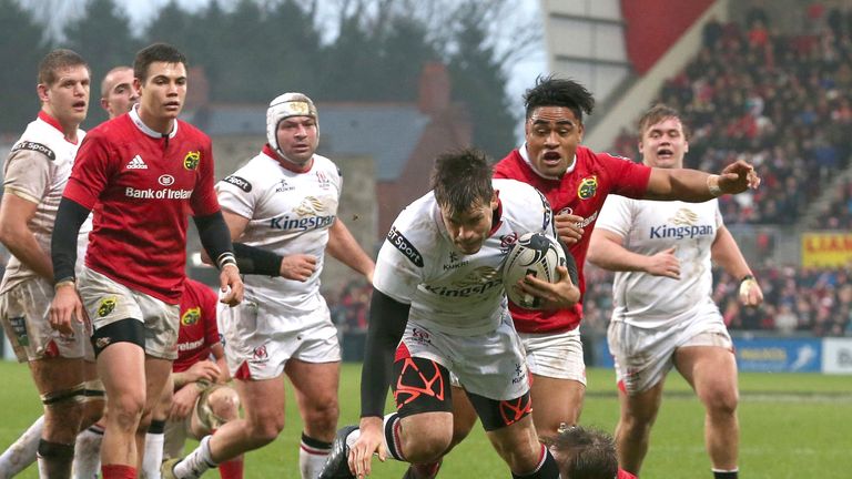 Ulster full-back Louis Ludik scores a try against Munster