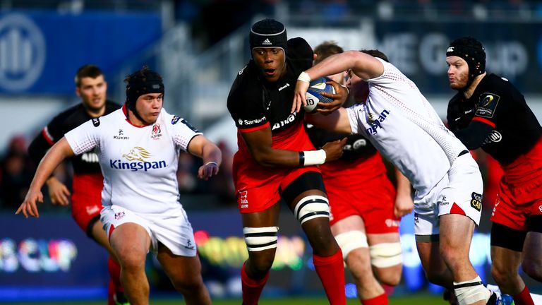 Maro Itoje of Saracens is tackled by Sean Reidy of Ulster