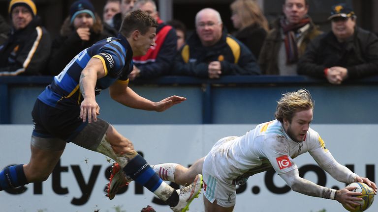 Harlequins' Charlie Walker dives in to score his second try during the Aviva Premiership match at Sixways Stadium, Worcester.