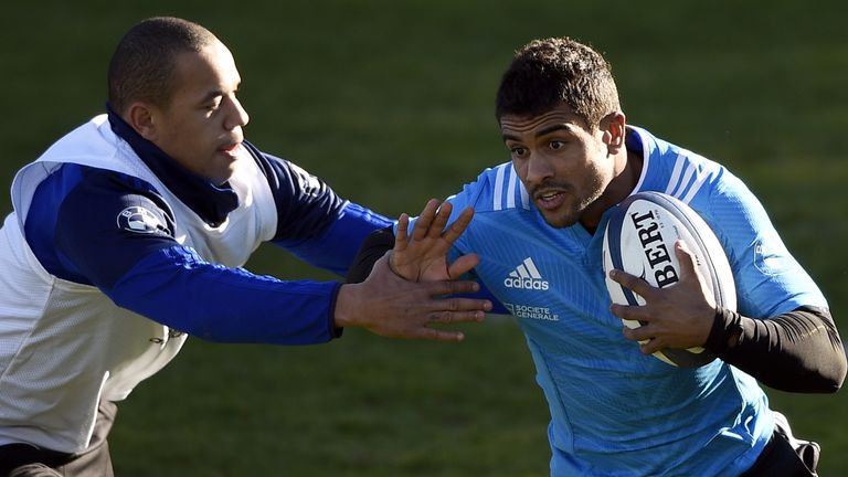 Wesley Fofana (R) vies with Gael Fickou during a France training session