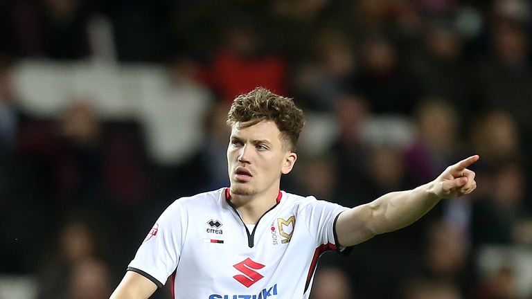 Sam Gallagher in action during the Sky Bet Championship match between Milton Keynes Dons and Cardiff City
