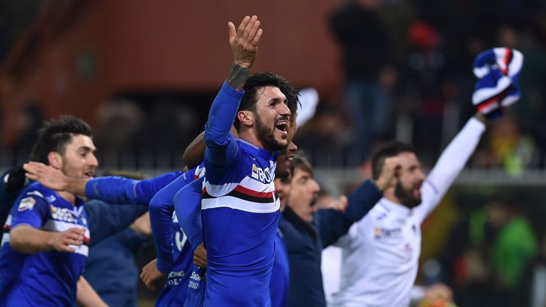 Roberto Soriano (C) of UC Sampdoria celebrates victory at the end of the Serie A match between Genoa CFC and UC Sampdoria 