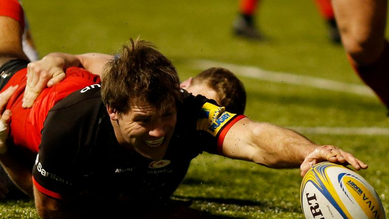 Saracens' Schalk Brits scores their first try during the Aviva Premiership match v Bath