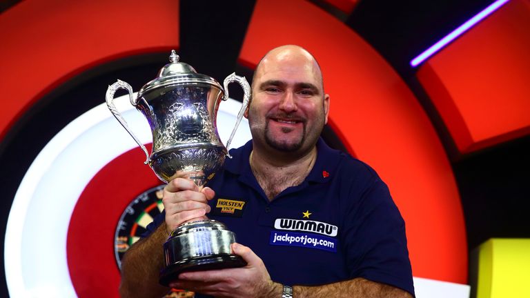  Scott Waites celebrates with trophy after winning the final against Jeff Smith at BDO Lakeside World Professional Darts Championships