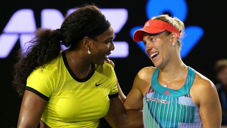 Angelique Kerber is congratulated by Serena Williams after winning the Women's Singles Final on day 13 of the 2016 Australian Open at Melbourne Park
