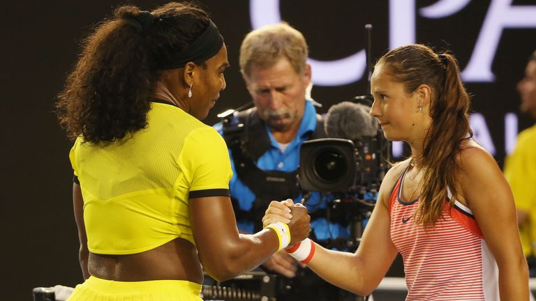Serena Williams (L) of the United States celebrates winning in her third round match against Daria Kasatkina
