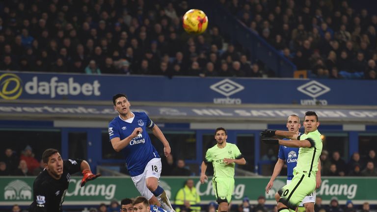 Sergio Aguero slices a good chance wide for Man City against Everton
