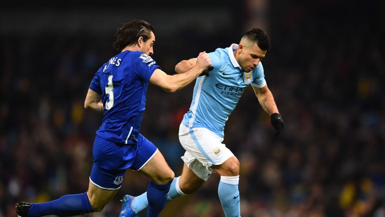 Sergio Aguero of Manchester City is challenged by Leighton Baines of Everton 