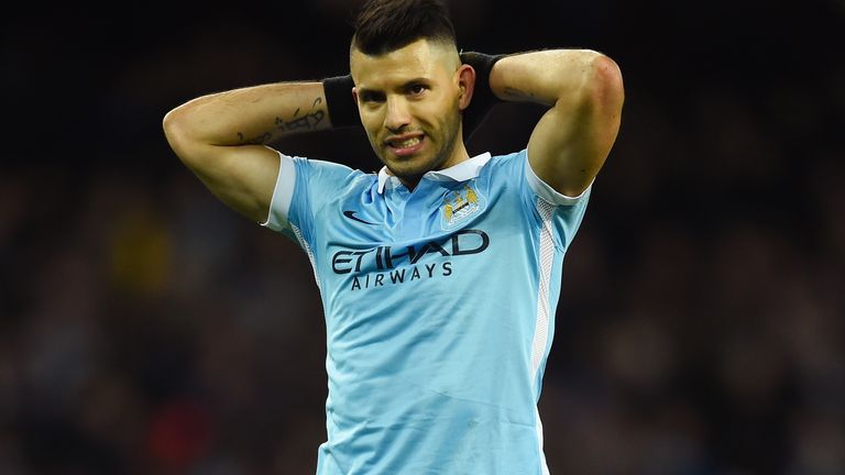 MANCHESTER, ENGLAND - JANUARY 27:  Sergio Aguero of Manchester City reacts during the Capital One Cup Semi Final, second leg match between Manchester City 