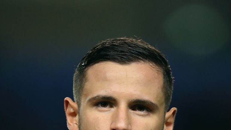 Shani Tarashaj of Switzerland lines up for the National Anthems ahead of the European Under 21 Qualifier v England