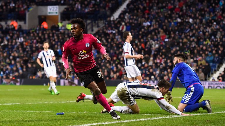 WEST BROMWICH, ENGLAND - JANUARY 30: Shaquile Coulthirst of Peterborough United celebrates scoring his team's first goal during the Emirates FA Cup Fourth 