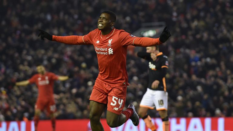 Sheyi Ojo celebrates scoring his first Liverpool goal in the FA Cup replay against Exeter