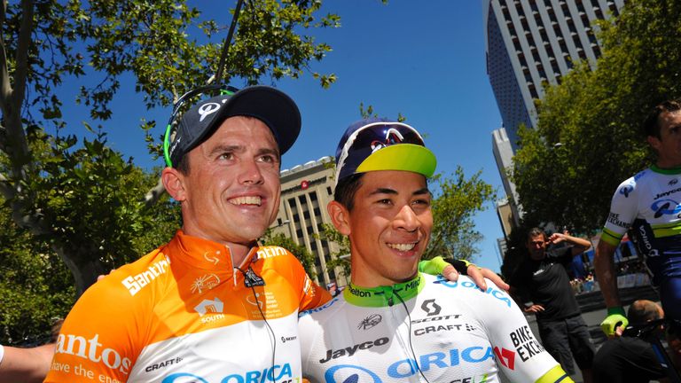 Australia's Simon Gerrans (L) and Caleb Ewan from the Orica-GreenRdge team smile after stage six of the Tour Down Under