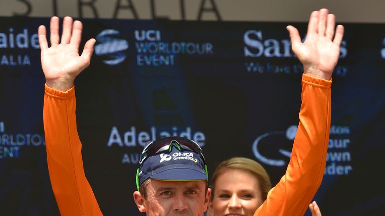 Simon Gerrans from Orica Greenedge celebrates his stage 3 victory of the Santos Tour Down Under 