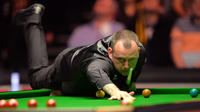 Mark Williams in action during the Dafabet Masters 2016 at Alexandra Palace, London