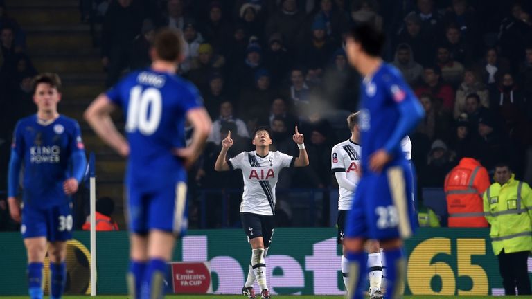 Son Heung-Min of Spurs celebrates after scoring the opening goal during the FA Cup third round replay against Leicester