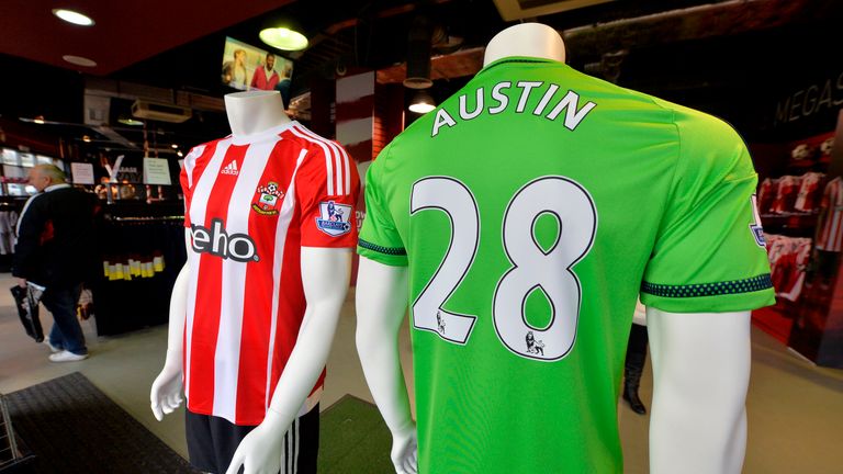 The Southampton club shop displays Charlie Austin's No 28 shirt
