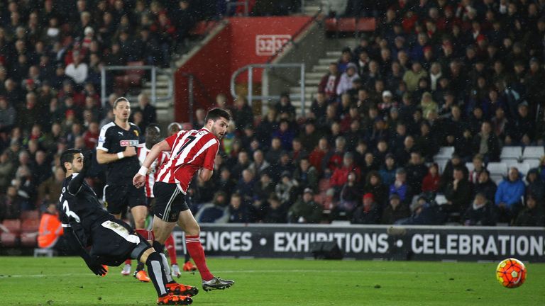 Shane Long scores Southampton's first goal against Watford at St. Mary's Stadium