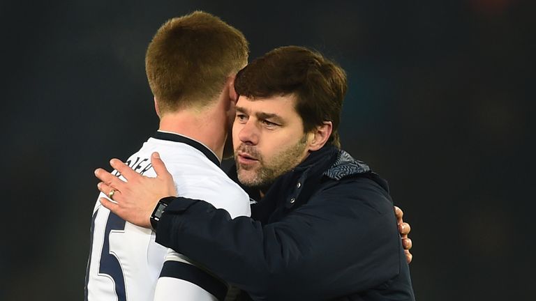 LEICESTER, ENGLAND - JANUARY 20:  Eric Dier of Spurs and Mauricio Pochettino the manager of Spurs celebrate following their team's 2-0 victory during the E