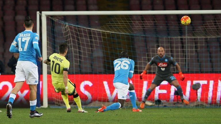 Stevan Jovetic scores Inter's opening goal in their 2-0 Coppa Italia win at Napoli