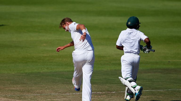 England's Stuart Broad kicks the pitch in frustration after South Africa batsman Temba Bavuma is dropped