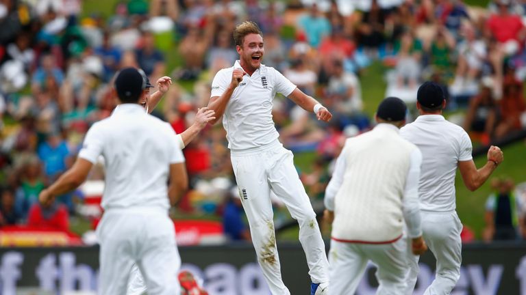 Stuart Broad celebrates taking the wicket of AB de Villiers of South Africa during day three of the third Test in Johannesburg