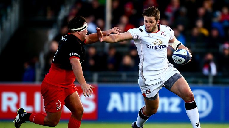 Stuart McCloskey of Ulster holds of Jamie George of Saracens during the Champions Cup match between Saracens and Ulster Rugby at Allianz Park 