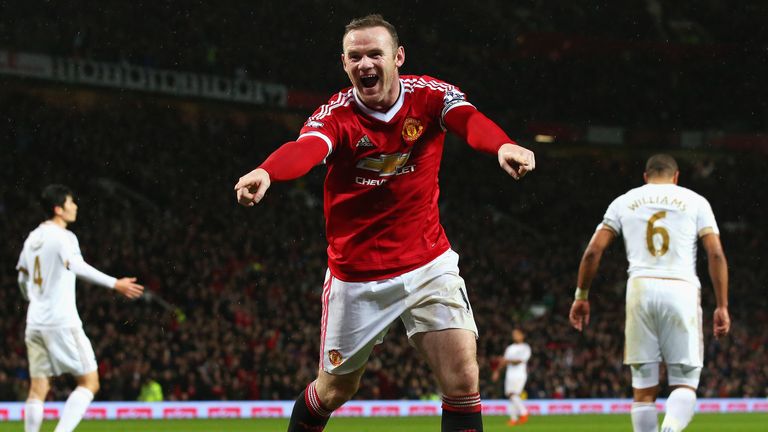 Wayne Rooney celebrates after scoring for Manchester United against Swansea