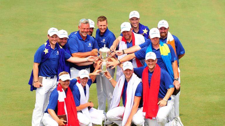 Team Europe pose with the trophy after winning the EurAsia Cup by a huge 13-point margin