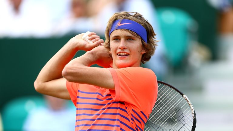 Alexander Zverev of Germany plays a forehand during his match against Novak Djokovic at The Boodles 2015