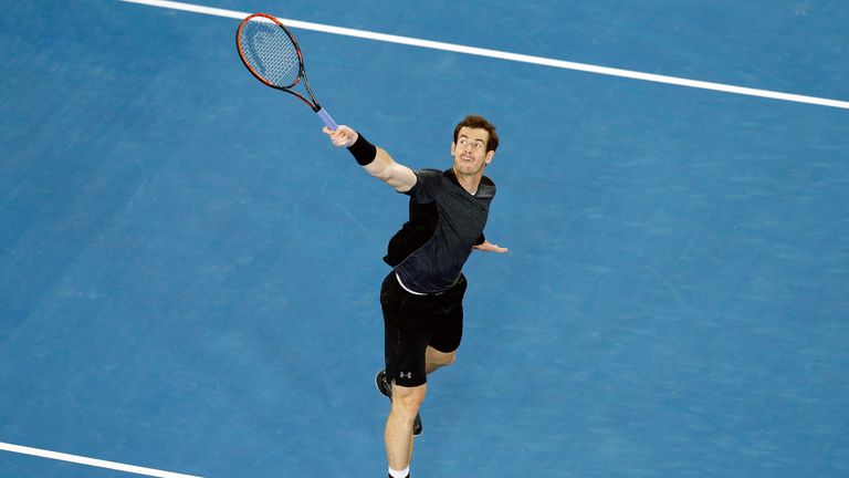 Andy Murray stretches for a backhand volley during his match against Joao Sousa during the 2016 Australian Open 
