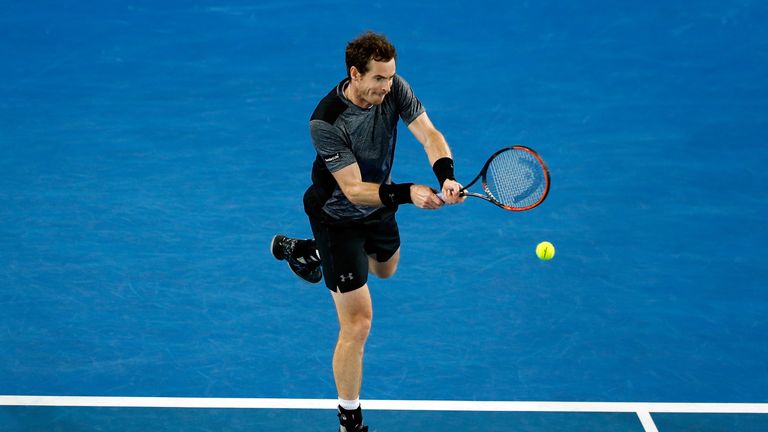 Andy Murray plays a backhand during his match against Joao Sousa at the 2016 Australian Open
