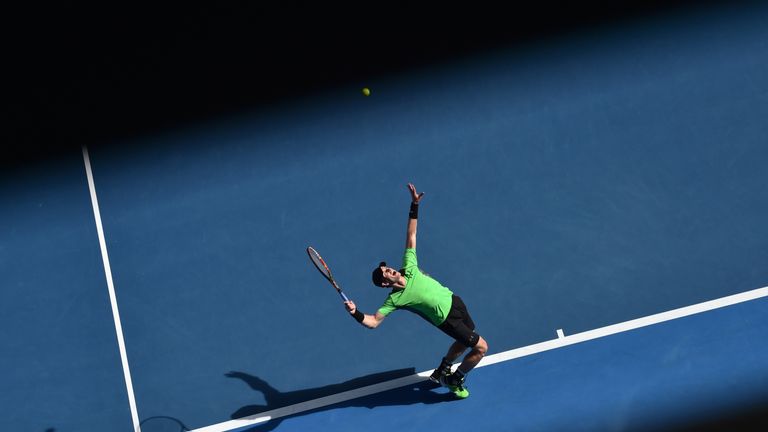 Andy Murray serves during his match against Joao Sousa at the 2015 Australian Open