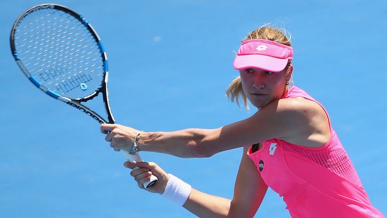 Denisa Allertova plays a backhand in the women's singles match against Alize Cornet