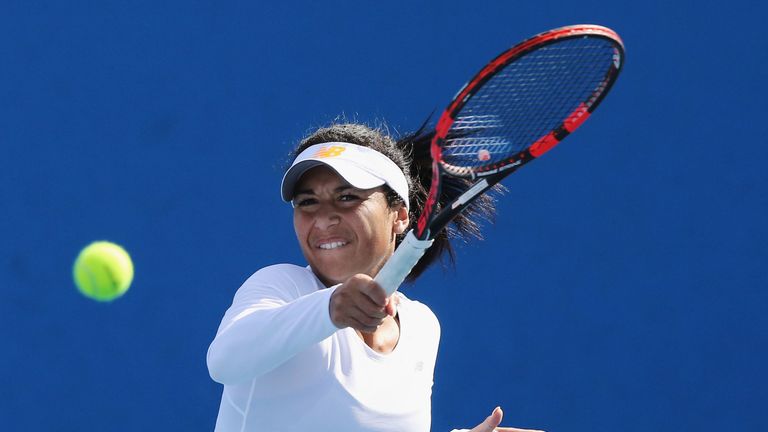 Heather Watson of Great Britain hits a forehand during a practice session ahead of the 2016 Australian Open