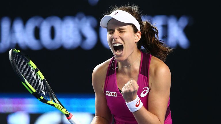 Johanna Konta celebrates winning her third round match against Denisa Allertova