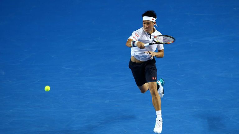 Kei Nishikori plays a forehand in his match against Jo-Wilfried Tsonga at the 2016 Australian Open